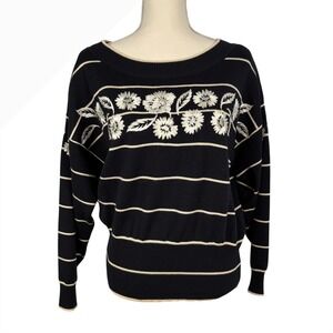 Escada Margaretha Ley Vintage West Germany Wool Floral Striped Sweater Black 40